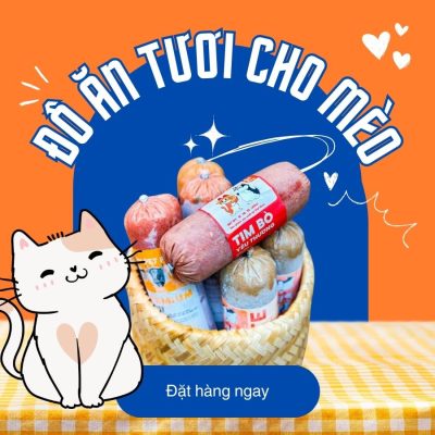 Giỏ đồ ăn tươi cho mèo với sản phẩm tim bò và nhiều loại xúc xích thú cưng, thiết kế bao bì bắt mắt, phù hợp cho khách hàng mua đồ ăn tươi cho mèo để bổ sung dinh dưỡng hàng ngày.