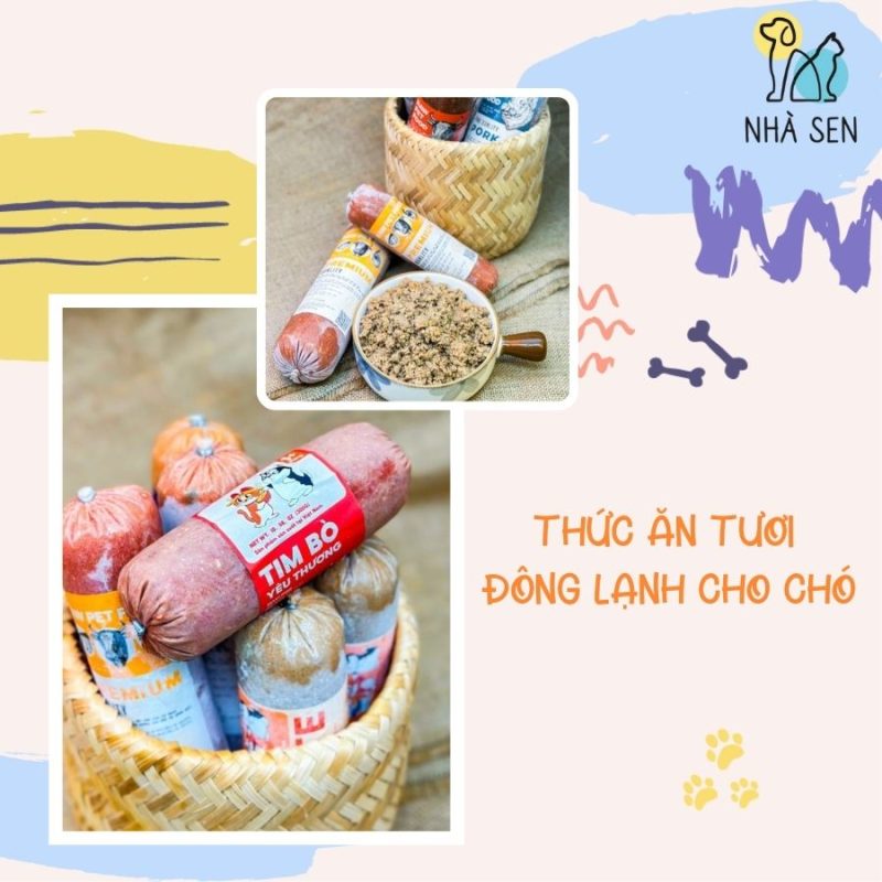 Thức ăn tươi đông lạnh cho chó với nhiều vị như tim bò, thịt heo, cá, được xay nhỏ, đóng gói tiện lợi, phù hợp cho bữa ăn an toàn và đủ chất cho chó cưng.