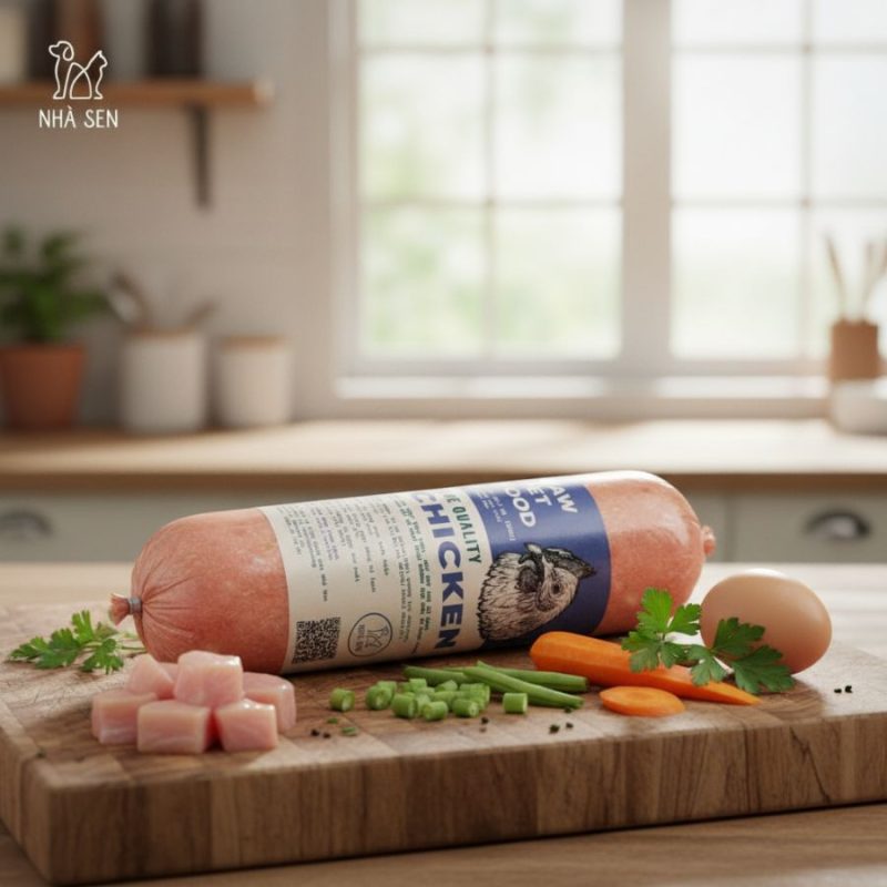 Tại Sao Boss Cần “Thức Ăn Cho Chó Tươi Tốt Nhất”? Giải Quyết 5 Nỗi Đau Sen Đang Gặp Thức Ăn Cho Chó Tươi Tốt Nhất từ thịt gà tươi kết hợp rau củ gồm cà rốt, hành lá, trứng và rau mùi. Sản phẩm được đặt trên thớt gỗ trong không gian bếp sáng, mang lại cảm giác sạch sẽ, an toàn và giàu dưỡng chất cho thú cưng.