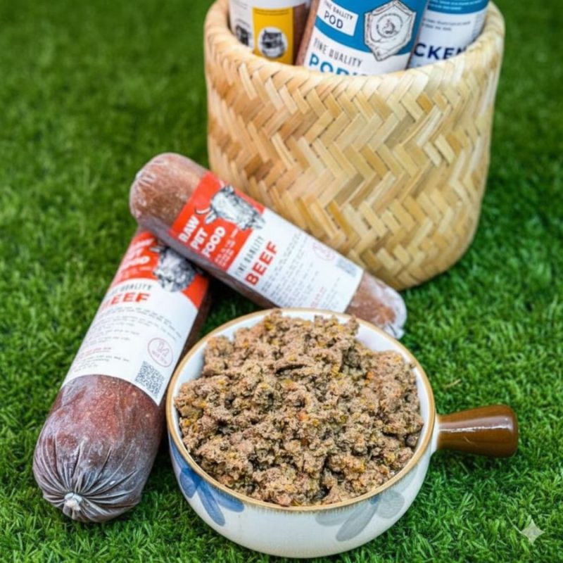 Có Nên Cho Chó Ăn Thức Ăn Tươi? Giải Đáp Đầy Đủ Nhất Cho Sen Trong 2025 Có Nên Cho Chó Ăn Thức Ăn Tươi từ thịt bò xay với hình ảnh tô thức ăn đầy đặn đặt trên nền cỏ xanh, bên cạnh là các cuộn thức ăn tươi nguyên chất. Sản phẩm mang đến cảm giác tự nhiên, sạch và phù hợp cho chế độ ăn nguyên bản của chó.