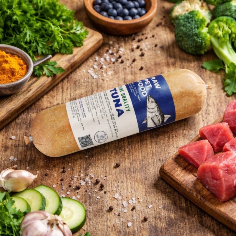 Mua thức ăn tươi cho chó với công thức cá ngừ xay nhuyễn kết hợp rau củ như bông cải, dưa leo và gia vị tự nhiên. Sản phẩm được trình bày trên thớt gỗ, mang lại cảm giác cao cấp, giàu dinh dưỡng và phù hợp cho chó kén ăn.