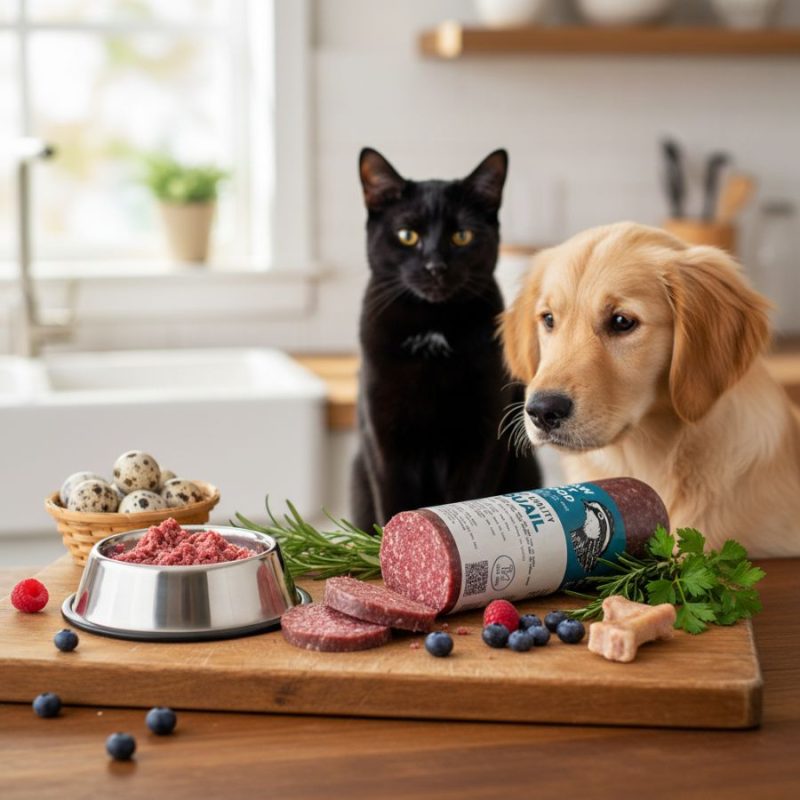 Tại Sao Boss Cần “Thức Ăn Cho Chó Tươi Tốt Nhất”? Giải Quyết 5 Nỗi Đau Sen Đang Gặp Thức Ăn Cho Chó Tươi Tốt Nhất từ thịt chim cút tươi mềm, được bày trên thớt gỗ cùng các lát thịt, trứng chim cút và rau thơm. Phía sau là một chú chó nhỏ và mèo đen đang chăm chú nhìn món ăn, tạo cảm giác hấp dẫn và đầy dinh dưỡng.