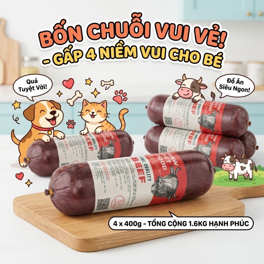Chó gầy nên ăn gì để tăng cân với combo thịt bò giàu đạm và năng lượng giúp cải thiện cân nặng hiệu quả. Công thức raw food từ thịt bò tươi kết hợp rau củ tự nhiên hỗ trợ phát triển cơ bắp, tăng sức đề kháng và giúp chó ăn ngon miệng hơn mỗi ngày.