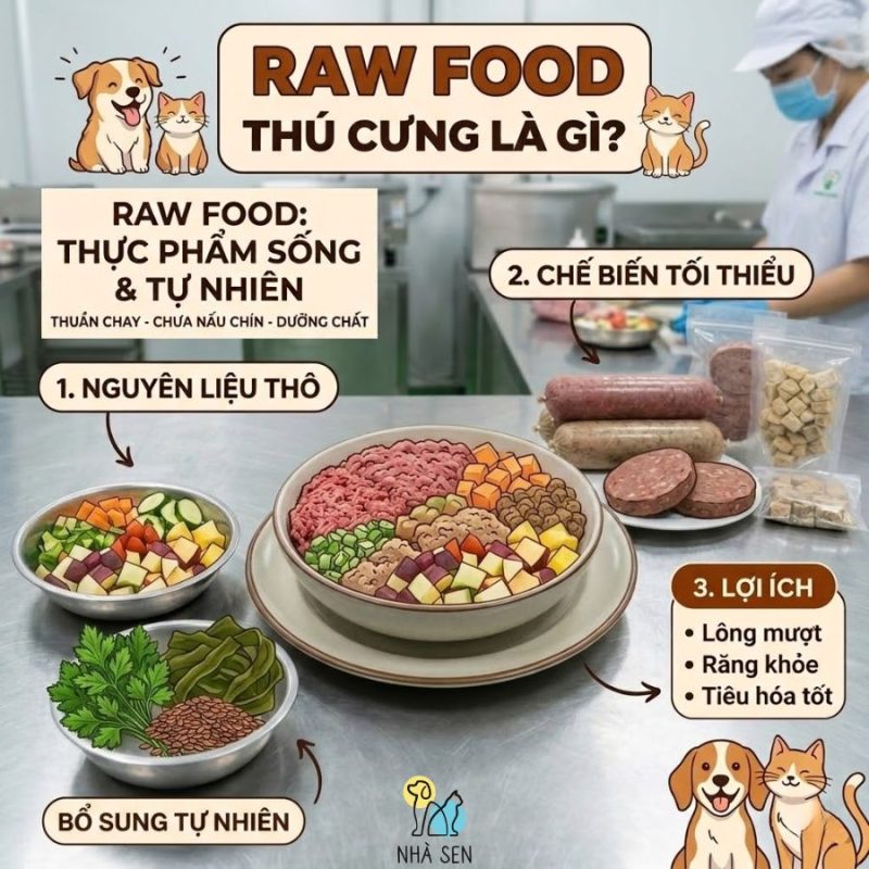 Mô hình RAW FOOD cho chó mèo với nguyên liệu tươi sạch, chế biến tối thiểu và dinh dưỡng tự nhiên cho thú cưng.