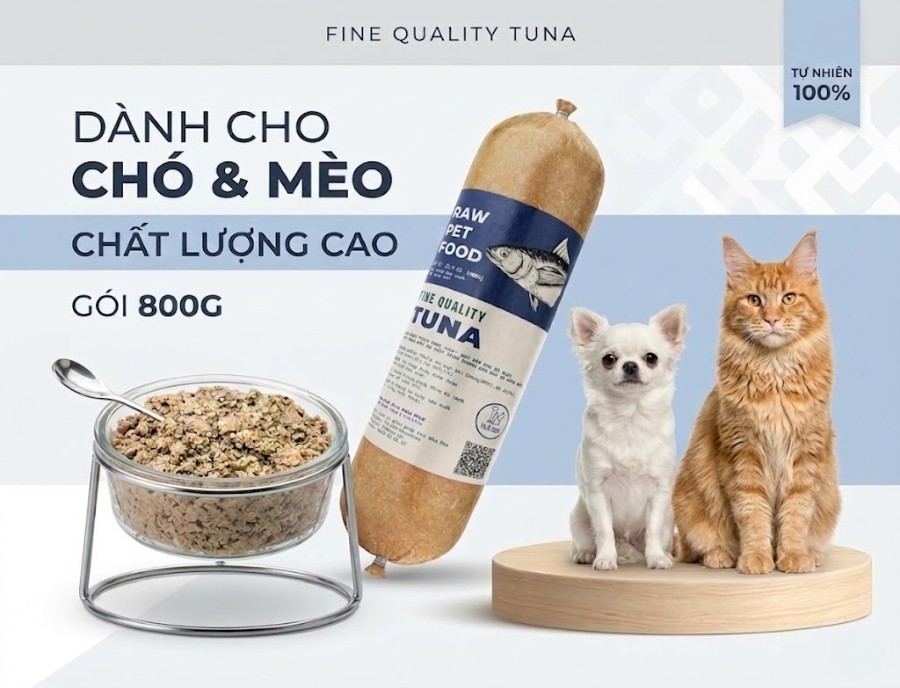 Thức Ăn Tươi Không Chất Bảo Quản từ cá ngừ tươi và rau củ tự nhiên, giàu dinh dưỡng và phù hợp cho chó mèo ăn hằng ngày.