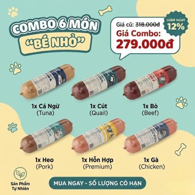 7 Lợi Ích Thực Tế Khi Cho Chó Mèo Ăn Thức Ăn Tươi Thức ăn tươi cho chó tốt nhất với combo 6 vị gồm cá ngừ, chim cút, bò, heo, gà và premium. Giúp thú cưng thay đổi khẩu vị, bổ sung dinh dưỡng đa dạng và ăn ngon miệng hơn mỗi ngày.