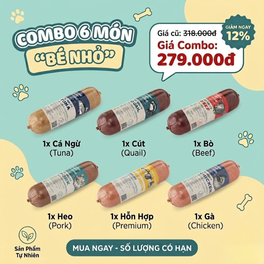 7 Lợi Ích Thực Tế Khi Cho Chó Mèo Ăn Thức Ăn Tươi (RAW FOOD) 7 Lợi Ích Thực Tế Khi Cho Chó Mèo Ăn Thức Ăn Tươi Thức ăn tươi cho chó tốt nhất với combo 6 vị gồm cá ngừ, chim cút, bò, heo, gà và premium. Giúp thú cưng thay đổi khẩu vị, bổ sung dinh dưỡng đa dạng và ăn ngon miệng hơn mỗi ngày.