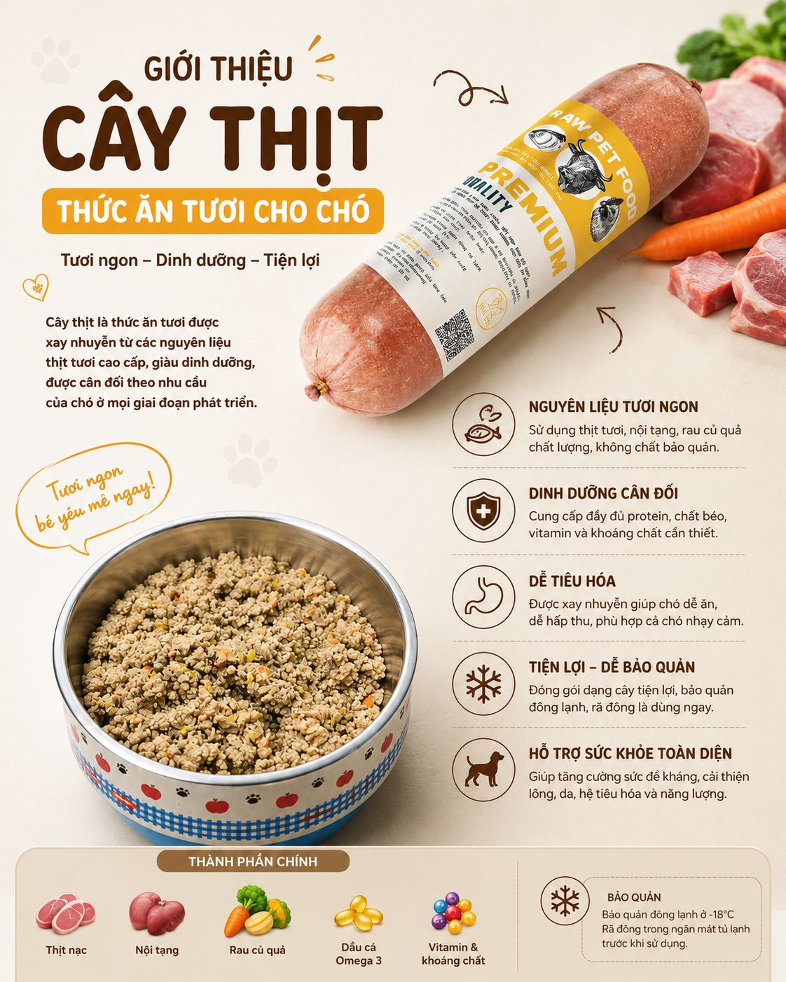 Giới thiệu RAW FOOD là gì? So sánh với thức ăn khô/hạt. Giới thiệu RAW FOOD là gì và những lợi ích của thức ăn tươi cho chó với nguyên liệu tươi ngon, dinh dưỡng cân đối, dễ tiêu hóa và tiện lợi khi bảo quản.